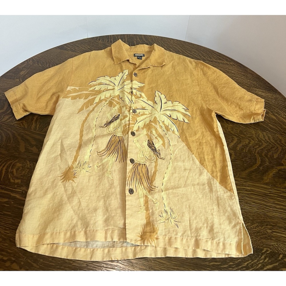 Tommy‎ Bahama Mens Medium Yellow Linen Camp Shirt Hula Dancers Floral Hawaiian